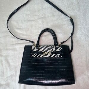 Anne Klein Black Crocodile Embossed Satchel Bag Zebra Print Accent Gold Hardware
